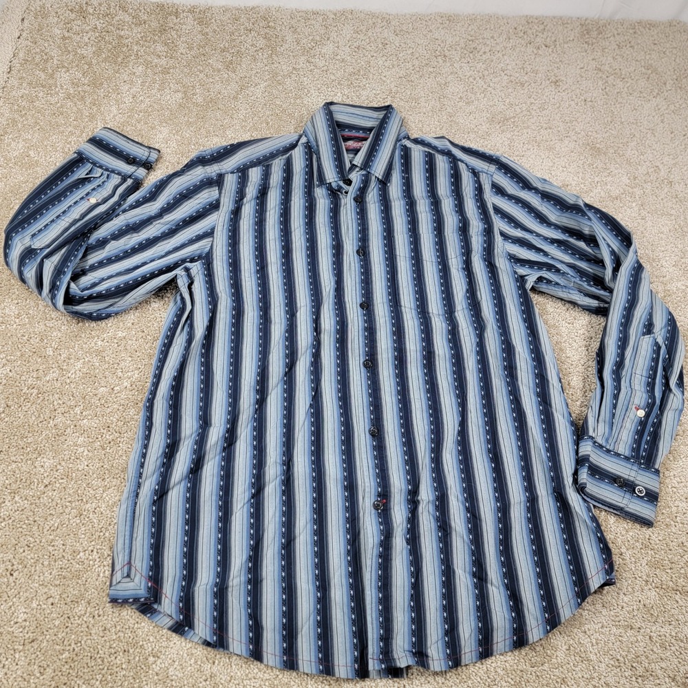Tommy Bahama Denim Mens Sz Medium Blue Vertical Stripe Long Sleeve Button Down